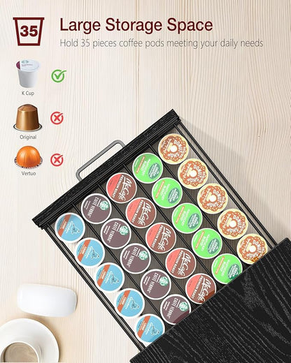Coffee Pod Drawer for K Cup, 35 Pods K-Cup Holder Organizer with Cup Holder, Durable Coffee Maker Stand with Storage Drawer, Black