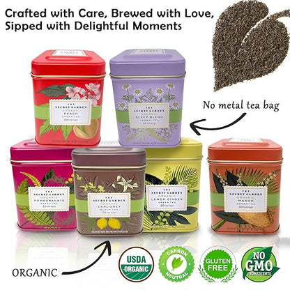 Premium USDA Organic Ceylon Tea Sampler Set - 6 Flavors, 50 Bags Per Tin (300 Total) Variety Pack Non-GMO, Herbal, Fruity, Green & Black, Caffeinated & Decaffeinated