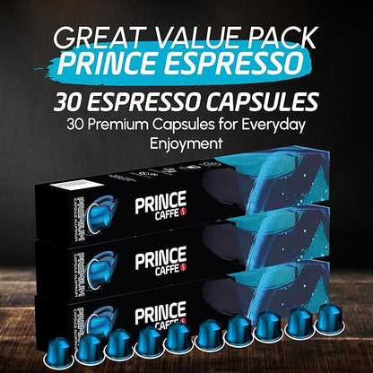 Prince Caffe Espresso Pods – Premium Intensity 8, Medium-Dark Roast, The Espresso Coffee Pods Are Compatible with Nespresso Original Line Machines, 30 Count (3 x 10 Capsules) Premium Quality Coffee Capsules.