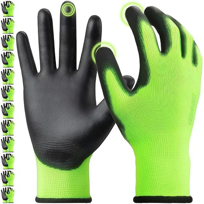 Kebada W1 Work Gloves for Men and Women, PU Coated Safety Gloves with Grip, Touchscreen, Ideal for Warehouse Package Handling, Construction, Gardening, Green Medium