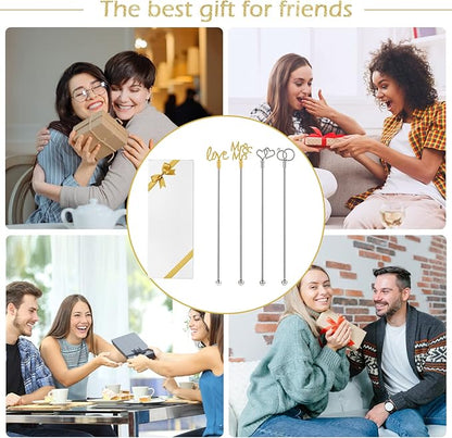 4Pcs Cocktail Stirrers Swizzle Sticks Stainless Steel 7.3" Coffee Stir Sticks with Gold Mr & Mrs,LOVE Shape, for Mixing Cocktail Metal Stir Sticks for Coffee Bar