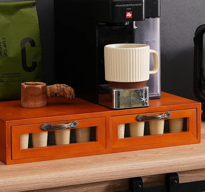 Wooden K-Cup Organizer - Coffee Pod Storage Box, 15.6 * 11.7 * 3.1 in, Compatible for Keuring Pod Holder, 30-50 Pod Capacity, No Assembly Required, Tea Bag Organizer Counter, Coffee Stand with Drawer
