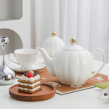 36oz White Porcelain Teapot with Gold Trim, Large Ceramic Teapot for Loose Leaf Tea & Tea Bags, Elegant Tea Party, Gift for Tea Lovers, Classic Design