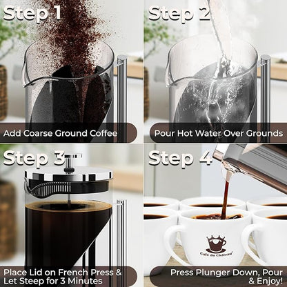 Cafe Du Chateau Stainless Steel French Press Coffee Maker - 34oz Insulated Coffee Press with 4-Level Filtration, BPA Free, Durable Glass, Great for Tea