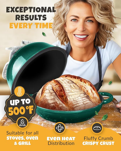 Dutch Oven Bread Baking - 5QT Enamel Bread-Oven - incl Sourdough Bread-Baking Suppliers like Dough Whisk Scoring Lame etc Bread-Dome Cast Iron Bread-Pan with Lid for Sour dough, Bread-makingBottle Green Dome