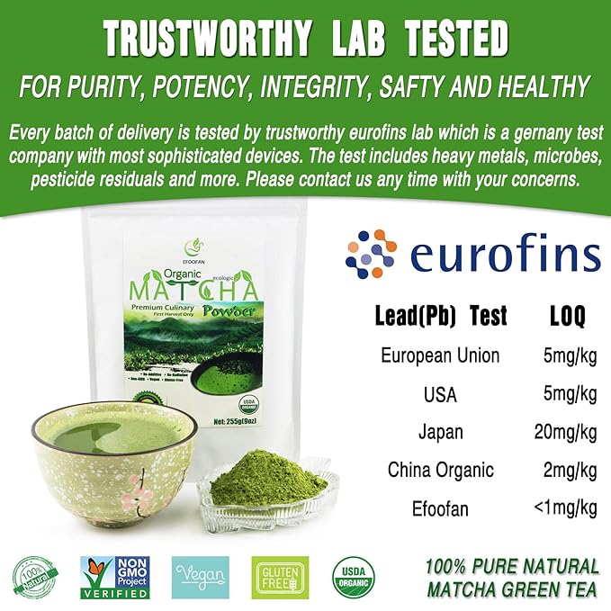 EFOOFAN Matcha Organic Green Tea Powder - Premium Culinary Grade (9OZ) - USDA/JAS/EC Certified Organic - Japanese Tencha Tea Flavor - Te Verde Macha Organico Latte Powder Unsweetened