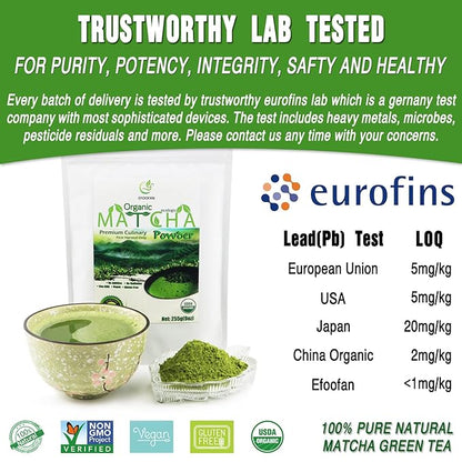 EFOOFAN Matcha Organic Green Tea Powder - Premium Culinary Grade (9OZ) - USDA/JAS/EC Certified Organic - Japanese Tencha Tea Flavor - Te Verde Macha Organico Latte Powder Unsweetened