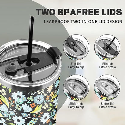 40 oz Tumbler with Lids and Straws, Stainless Steel Insulated Coffee Tumbler, Double Wall Vacuum Insulated Travel Mug Cup, Leakproof Thermal Coffee Cup for Hot and Cold Drinks (Blue Flower)