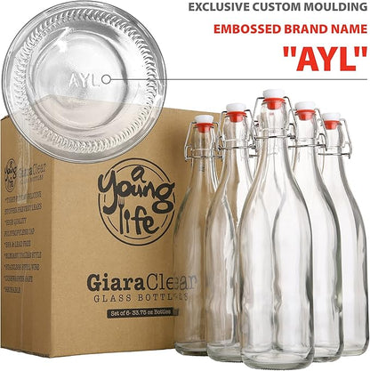Flip Top Glass Bottle [1 Liter / 33 fl. oz.] [Pack of 6] – Swing Brewing with Stopper for Beverages, Oil, Vinegar, Kombucha, Beer, Water, Soda, Kefir Airtight Lid & Leak Proof Cap Clear