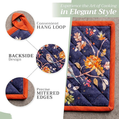 Maison d' Hermine 100% Cotton Oven Mitt & Pot Holder Set (7.5"x13" & 8"x8") Heat Resistant BBQ Cooking Gloves with Loop, Baking, Grilling, Kitchen, Handling Hot Pans (Kelim - Infinity)