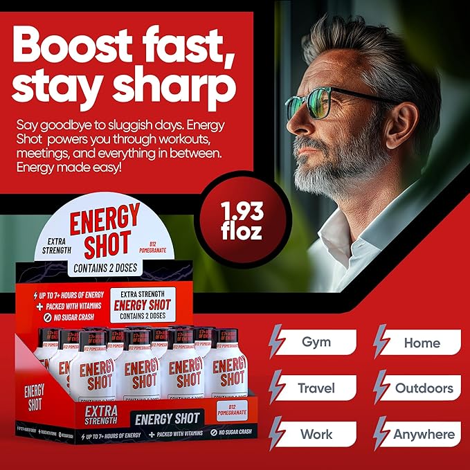 B12 Açaí Pomegranate Extra Strength Energy Shot 8 pk – 260mg Natural Caffeine B12 B6 – Energy & Vitality Support – 2 Servings Sugar Free Zero Calorie Green Tea B-Vitamins Electrolytes Vegan – 1.93 fl oz
