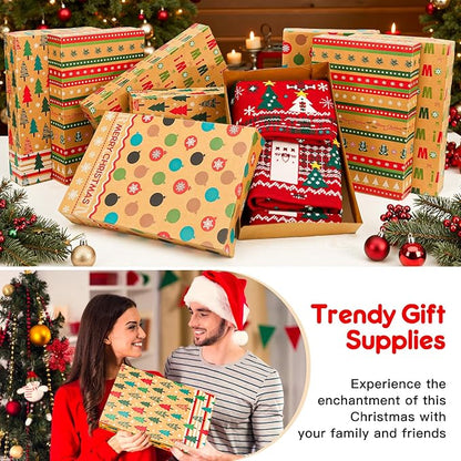 joyhalo 24 Pack 14.5" Christmas Gift Boxes with Lids for Presents, 4 Designs Gift Boxes Bulk, Kraft Gift Wrapping Boxes for Clothes,Shirts,Robes,Sweaters and Socks