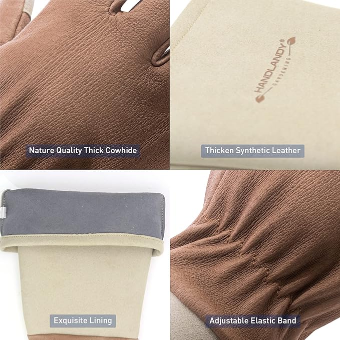 HANDLANDY Long Gardening Gloves for Men & Women, Thorn Proof Rose Pruning Gloves Leather Gauntlets Garden Glove Yard Work Glove (Small, Brown)