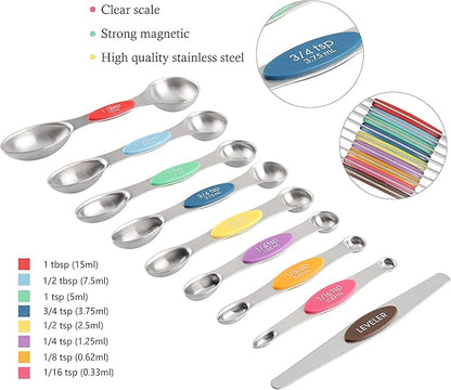Measuring Cups and Spoons Set Stainless Steel Including 8 Stackable Measuring Cup 8 Double Sided Magnetic Measuring Spoons with 1 Leveler for Dry and Liquid Ingredients