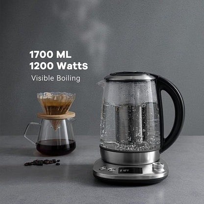 Mecity Electric Tea Kettle with Removable Infuser, 9 Preset Brewing Programs, Temperature Control, 2 Hours Keep Warm, Borosilicate Glass, 1.7 Liter, 1200W