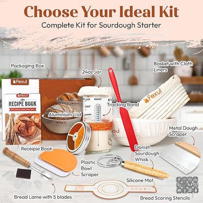 Sourdough Starter Kit with 9” Round & 10” Oval Banneton Bread Proofing Baskets, 24oz Starter Jar, Recipe Book & Tools – Complete Sourdough Bread Baking Supplies with Whisk, Scraper & Accessories