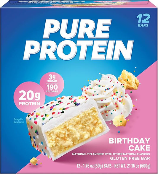 Pure Protein Bars, High Protein, Nutritious Snacks to Support Energy, Low Sugar, Gluten Free, Birthday Cake, 1.76 oz, Pack of 12 (Packaging May Vary)