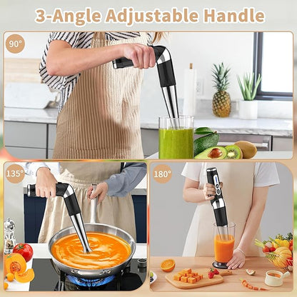 Cordless Immersion Blender Handheld: Powerful Rechargeable Electric Hand Blender, 21-Speed & 3-Angle Adjustable with Stainless Steel Blades for Milkshakes, Smoothies, Soup, Puree, Baby Food (Black)