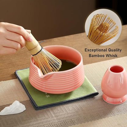 Matcha Whisk Set, Ceramic Matcha Set with Spout, Matcha Bowl Kit with Sifter, Whisk and Holder, Bamboo Scoop, Scoop Rest, Tea Towel, 7 Pcs Matcha Kit Set for Making Breakfast/Latte for Matcha Lovers