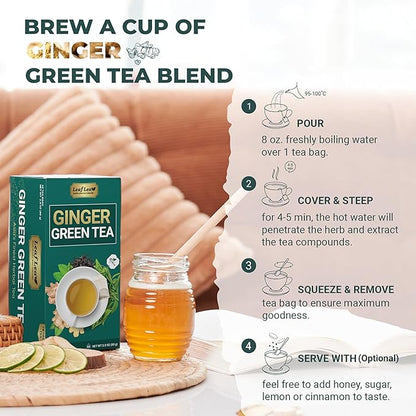 LeafLea Ginger Green Tea, 120 Tea Bags, Premium Green Tea Blend with Pure Ginger Root, Supports Digestive Wellness, Natural Flavor, Low Caffeine, Sugar-Free