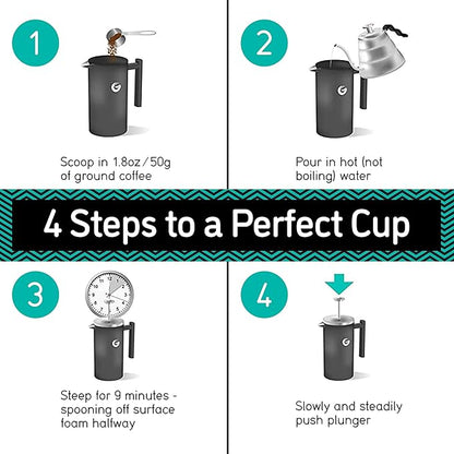 Coffee Gator French Press Coffee Maker 34oz, Double Insulated Stainless Steel Brewer plus Travel Jar Canister, Portable Hot Cold Brew for Coffee Bar Accessories Kitchen Camping, Silver