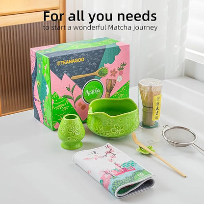 TEANAGOO 7-PCS Green Matcha Whisk Set with Cherry Blossom Design, Complete Ceremony Kit, Ceramic Chawan Bowl with Spout, Whisk & Accessories, Traditional Matcha Tea Set for Lattes& Gift Giving