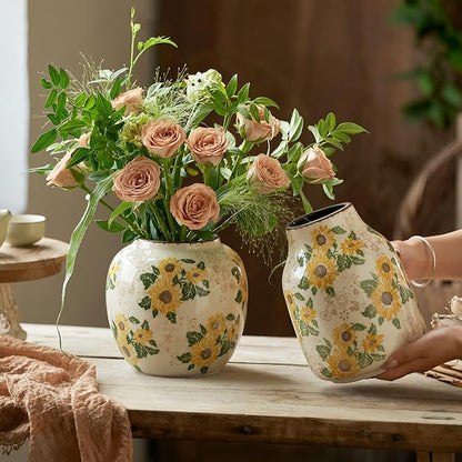 Round Pastoral Ceramic Vase, 6.3 Inch Chinoiserie Sunflower Yellow Floral Vases, Retro Ice Cracked Rustic Antique Flower Vases for Rustic Living Room Home Decor (Large Round)