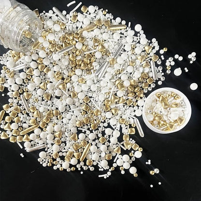 Weraru White Deluxe Gold Sprinkles Candy Mixing Size Baking Edible Cake Decorations Cupcake Toppers Cookie Decorating Celebrations Wedding Shower Party Chirstmas Supplies 130g/ 4.58oz