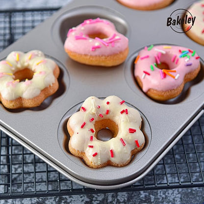 Fancy Donut Pan, 6 Cavity Donut Mold Heavy Duty Steel Non-stick Heart Flower Round Shaped Bund Pans Pattern Doughnut Bakeware for Oven Baking (Champagne Gold)