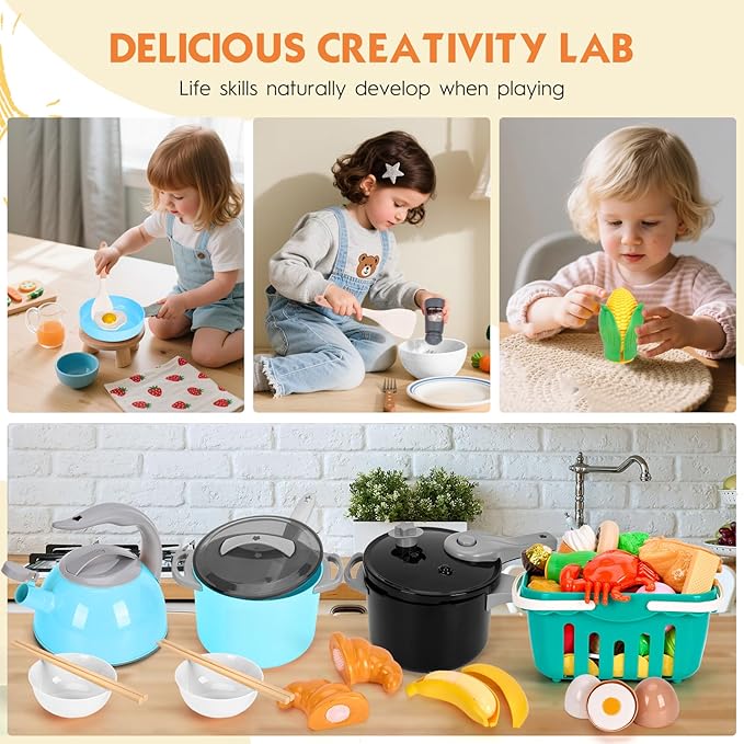 130Pcs Kitchen Playset, Toddler Pretend Cooking Play Pots, Pans, Utensils Cookware, Daily Food Fruit Veges, Shopping Storage Basket, Dessert, Prop Money, Learning Gift for Child (Turquoise)