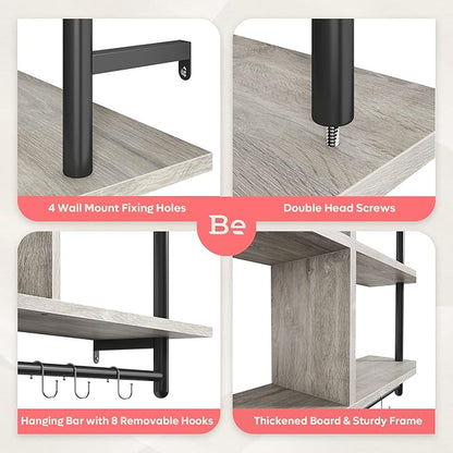 Bestier 41.5" Floating Pipe Shelving Kitchen Shelves Wall Mounted 3 Tier Ladder Shelf Hanging with Circular Tube Display Bookshelf Storage for Living Room Kitchen Balcony, Retro Grey