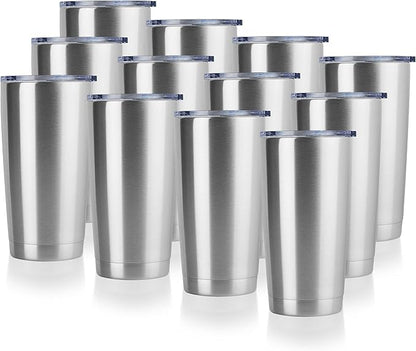 DOMICARE 20oz Stainless Steel Tumbler Bulk with Lid, Double Wall Vacuum Insulated Travel Mug, Powder Coated Coffee Cup, Stainless Steel, 12 Pack