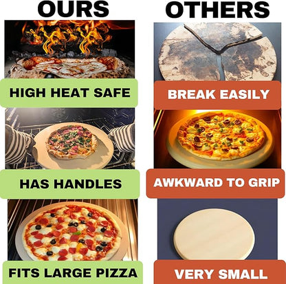 Large Pizza Stone for Oven 16 inch - Round Pizza Stone for Grill with Handles, Wood Pizza Peel and Cutter Set - Baking Stone for Bread - Pizza Making Kit Accessories - Gifts for Food Lovers
