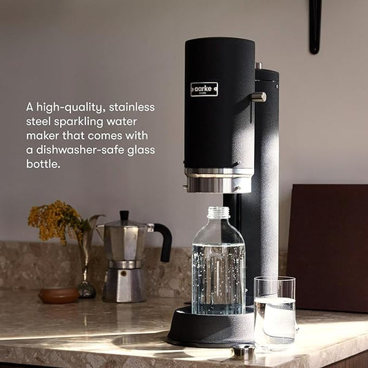 Aarke Carbonator Pro, Sparkling & Carbonation Water Machine, Stainless Steel with Glass Reusable Bottle Volume 800 mL/27 fl oz and CO2 Cylinder (Matte Black)