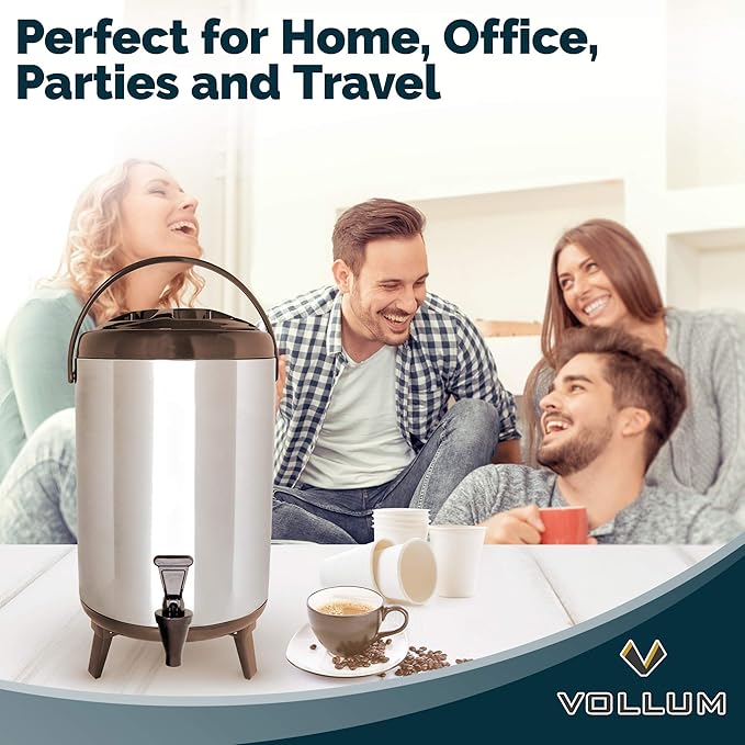 Stainless Steel Insulated Beverage Dispenser – Insulated Thermal Hot and Cold Coffee Carafe – 10 Liter Drink Dispenser with Spigot for Hot Water, Tea & Coffee, Cold Milk, Juice & More BROWN