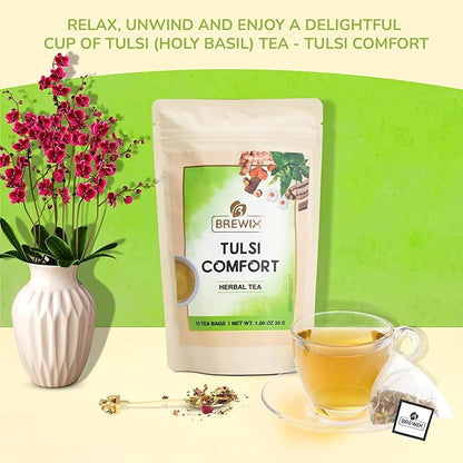 BREWIX Holy Basil Tea Bags (15 Pyramid Tea Bags) | Tee With Tulsi Leaves and Chamomile | Caffeine Free, Calming Herbal Tea With Fresh and Cool Flavor
