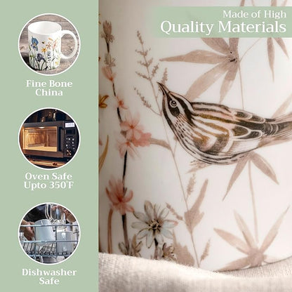 Maison d' Hermine Coffee Mug with Handles Fine Bone China Mugs Pack of One Tea Cups for Hot Beverages Cappuccino Latte Home Office Perfect for Gift (Meadow Florals - Beige Meadow Mornings, 12 Ounce)
