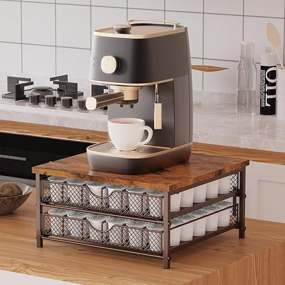 Coffee Pod Drawer K Cups Organizer 2-Tier Coffee Pod Storage Holder with Drawer Baskets 72 Capacity Coffee Capsule Storage Organizer Drawer, Industrial Brown and Bronze