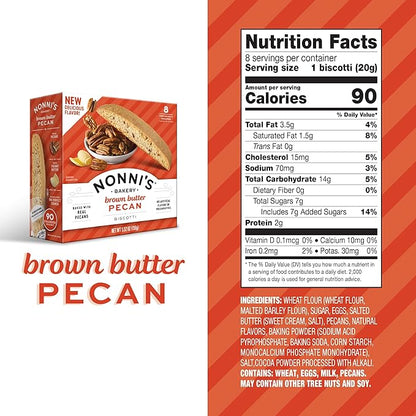 Nonni's Brown Butter Pecan Biscotti, Nutty Pecan Cookie with Rich Browned Butter Flavor, 8 Individually Wrapped Bakery Snacks, 5.52 oz