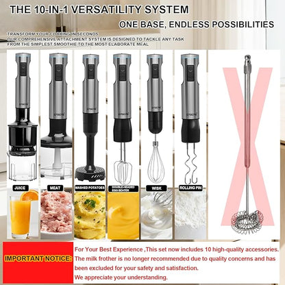Handheld Immersion Blender, 1000W Powerful 10-in-1 Set for Smoothies,Orange Juicer, Egg Beater, Dough Hook, Vegetable Chopper, Potato Masher (11th Accessory Not Recommended)
