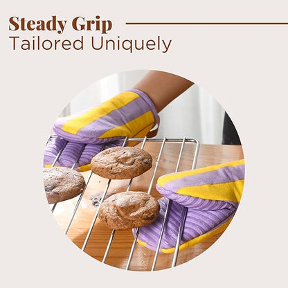 Folkulture Mini Oven Mitts Heat Resistant | (5.75x9) Set of 2 Purple Short Oven Mitts with Hanging Loop | 100% Cotton Oven Gloves or Kitchen Mittens | Small Oven Mitt Set or Yellow Silicone Oven Mit