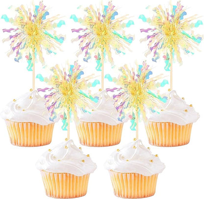 30 PCS Foil Firework Cupcake Toppers Sparkle Tinsel Cupcake Picks Happy Birthday Cake Decorations Drink Stirrers Cocktail Food Fruit Toothpicks for Baby Shower Graduation Party Supplies Yellow
