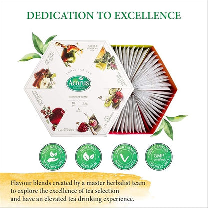 ACORUS Summer Taste Tea Set - Natural Assorted Tea Hamper Box Gift Set, Large Selection Box 60 Teas Bags, 6 Fruit and Berry Flavour Sampler, Perfect for Refreshing Iced Drinks