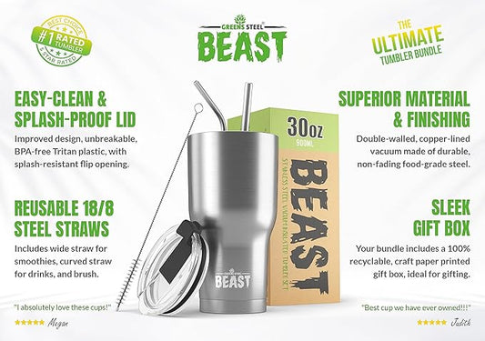 Beast 30 oz Tumbler Stainless Steel Vacuum Insulated Coffee Ice Cup Double Wall Travel Flask (Stainless Steel)