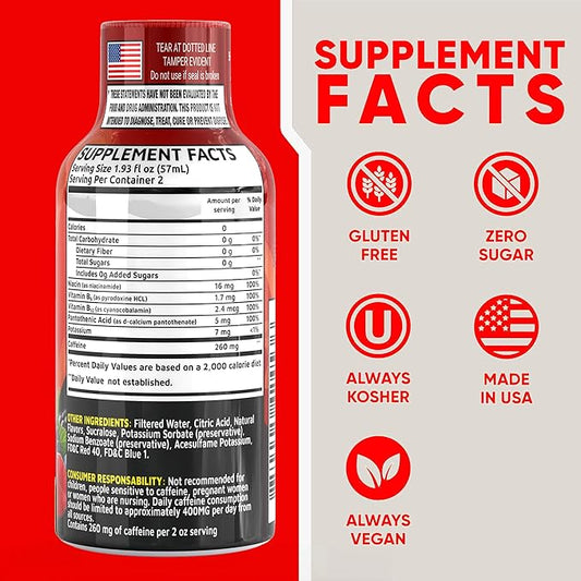 Fruit Punch Extra Strength Energy Shot 48 pk – 260mg Natural Caffeine B12 B6 – Energy & Focus Support – 2 Servings Sugar Free Zero Calorie Green Tea B-Vitamins Electrolytes Vegan – 1.93 fl oz