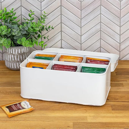 AuldHome Design Farmhouse Tea Bag Box (White), Vintage Retro Style Enamelware Tea Storage Tin