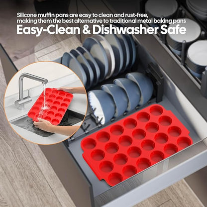 2-Pack Silicone Muffin Pan for Baking – Mini 24-Cup Nonstick Cupcake Pan with Handle, Food-Grade Certified, Odorless, BPA-Free, Silicone Baking Mold for Muffins, Egg Bites, Cupcakes