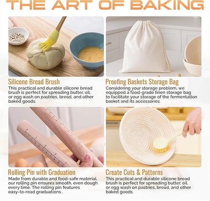 Banneton Bread Proofing Basket Set, 9" Round & 10" Oval Bread Baskets with Liners, Sourdough Starter Kit, Bread Making Tools, Natural Rattan Proofing Bowls for Home Bakers