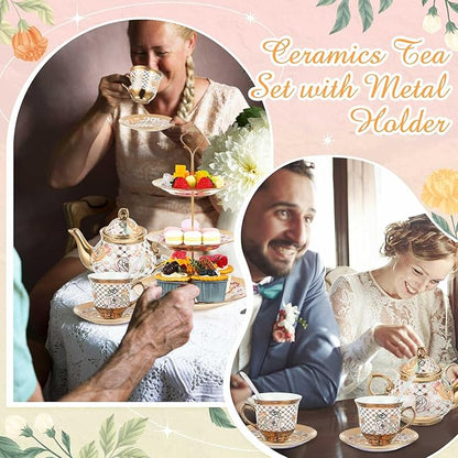 Maxcheck 21 Pcs Tea Party Set for Adults European Floral Tea Set with Metal Holder and 3 Tier Ceramic Cake Stand Porcelain Flower Cup Teapot for Dessert Cupcake(Stylish Style)