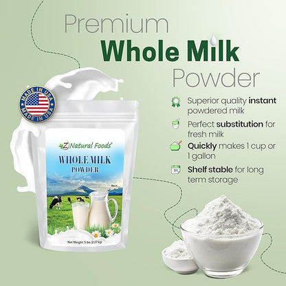 Z Natural Foods Premium Whole Milk Powder - Powdered Milk for Baking, Cooking, Drinks - Dry Milk Powder, Pasteurized, Non-GMO, Gluten-Free, Kosher-Certified, 5 lbs